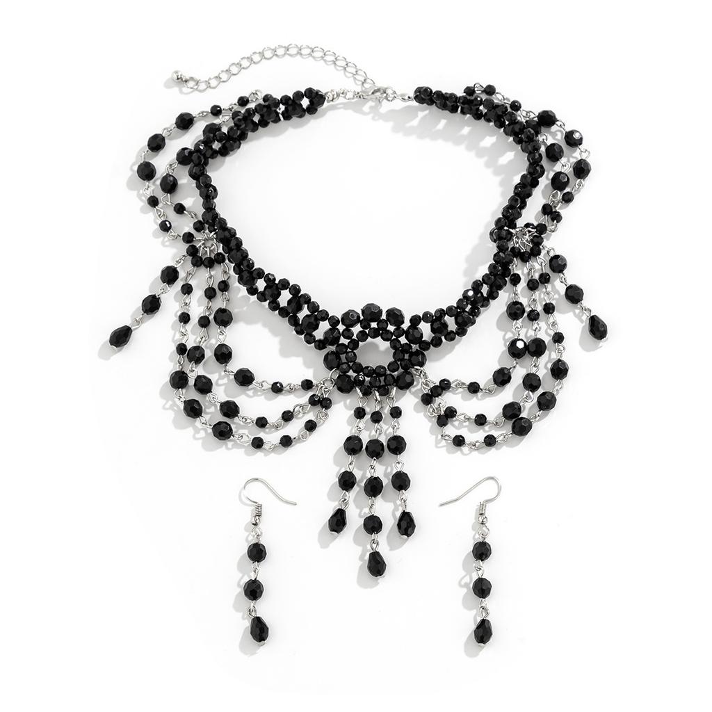 Vintage Gothic Black Beaded Necklace Earrings Set for Women Crystal Tassel Chains Jewelry Sets Party Costume Accessories
