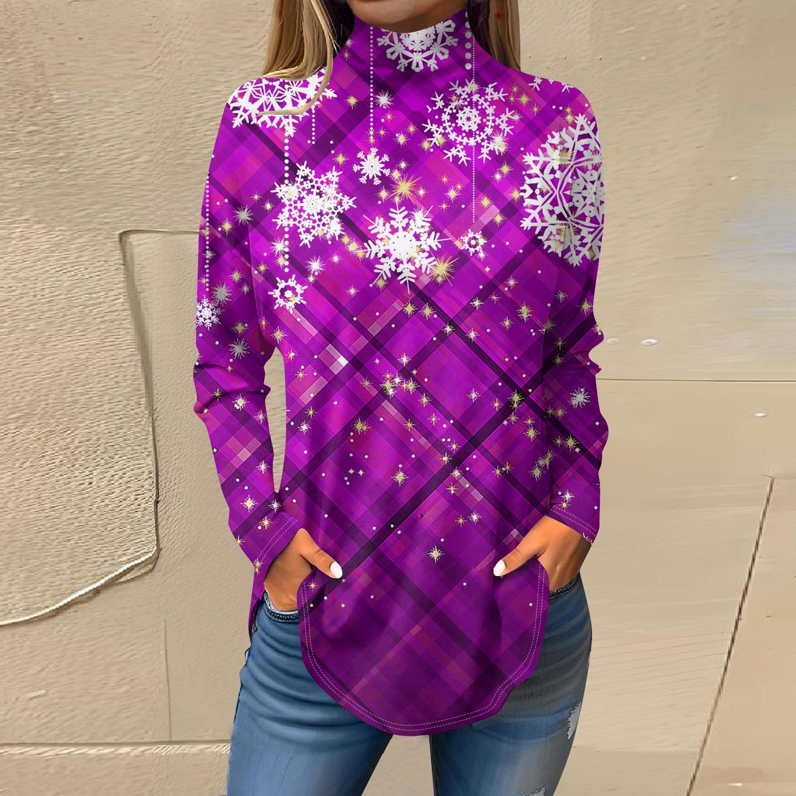 

Футболки для женщин, осенние повседневные рубашки с длинными рукавами, толстовка с винтажным принтом, топ с высоким воротом, пуловер XXL фиолетовый