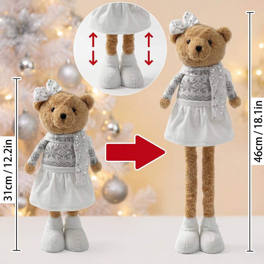 Extendable Teddy Bear with Sequin Scarf for Christmas Decor