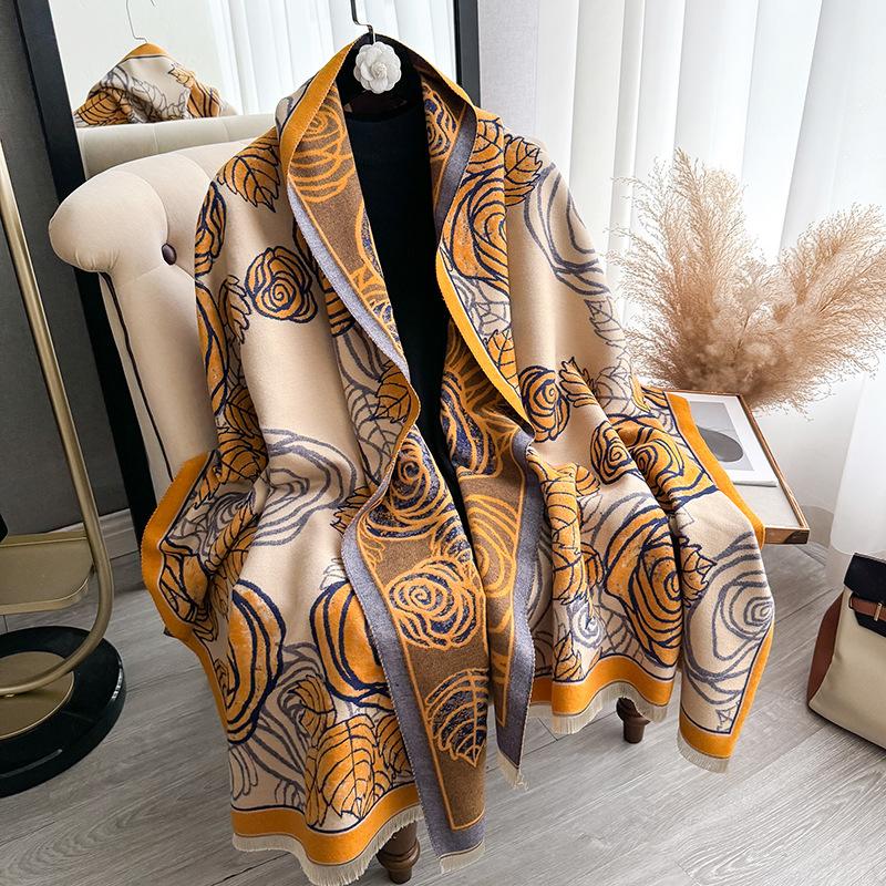 Rose Thickened Imitation Cashmere Scarf Women'S Warm Air Conditioner Shawl Outer Scarf Dual-Purpose