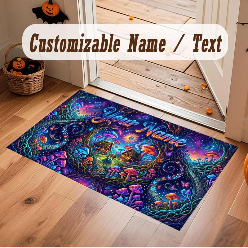 Mushroom Forest Theme Crystal Velvet Floor Rug Personalized Custom Name Text Warm Carpet Home Decoration
