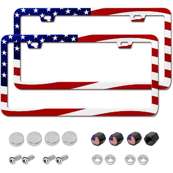 2 Packs License Plate Frame American Flag Printed Aluminum Metal Licence Plate Holder For Car Universal Fit For Men Women