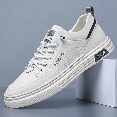 Men's High-End Fashionable White Leather Shoes, Soft Sole, Anti-Slip, Lightweight & Elastic Design