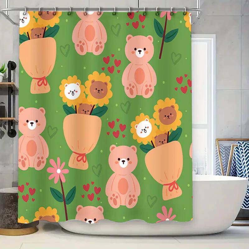 Animal-themed shower curtain with bears, lions, sunflowers perfect for a bathroom refresh!