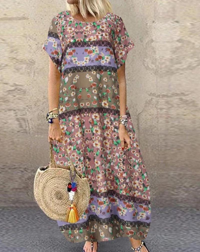 Plus Size Summer Loose Long Sleeve Round Neck Floral Print Casual Women's Holiday Beach Dress Vintage Style Maxi Dress