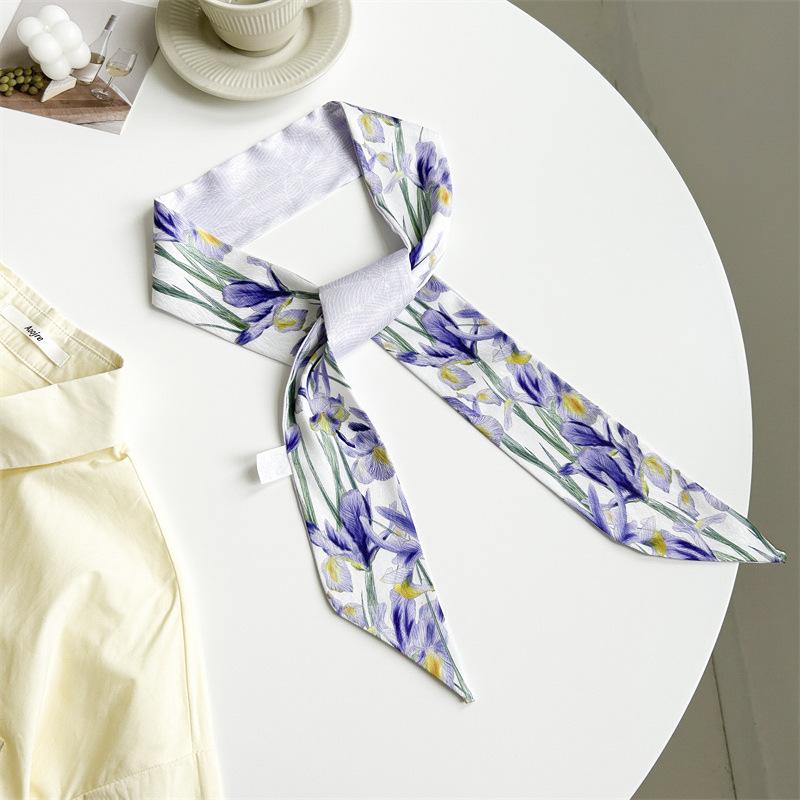Spring Flower Print Silk Scarf Women's Versatile Long Strip Narrow Silk Scarf Pastoral Art Diagonal Streamer Tied Bag Ribbon