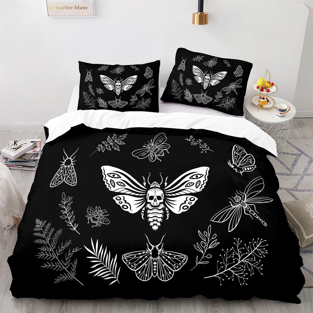 Death Moth Duvet Cover Set Queen Size Gothic Skull Boho Comforter Cover Black And White Skeleton Decorative Soft Bedding Set