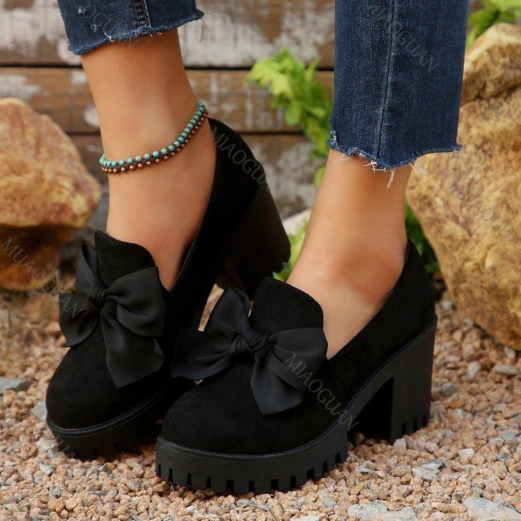 Fashion Single Shoes Women's Thick Bottomed Loafers Black Suede Bowknot Round Head Pumps Fashion Slip on Shallow Mouth High Heel  Shoes