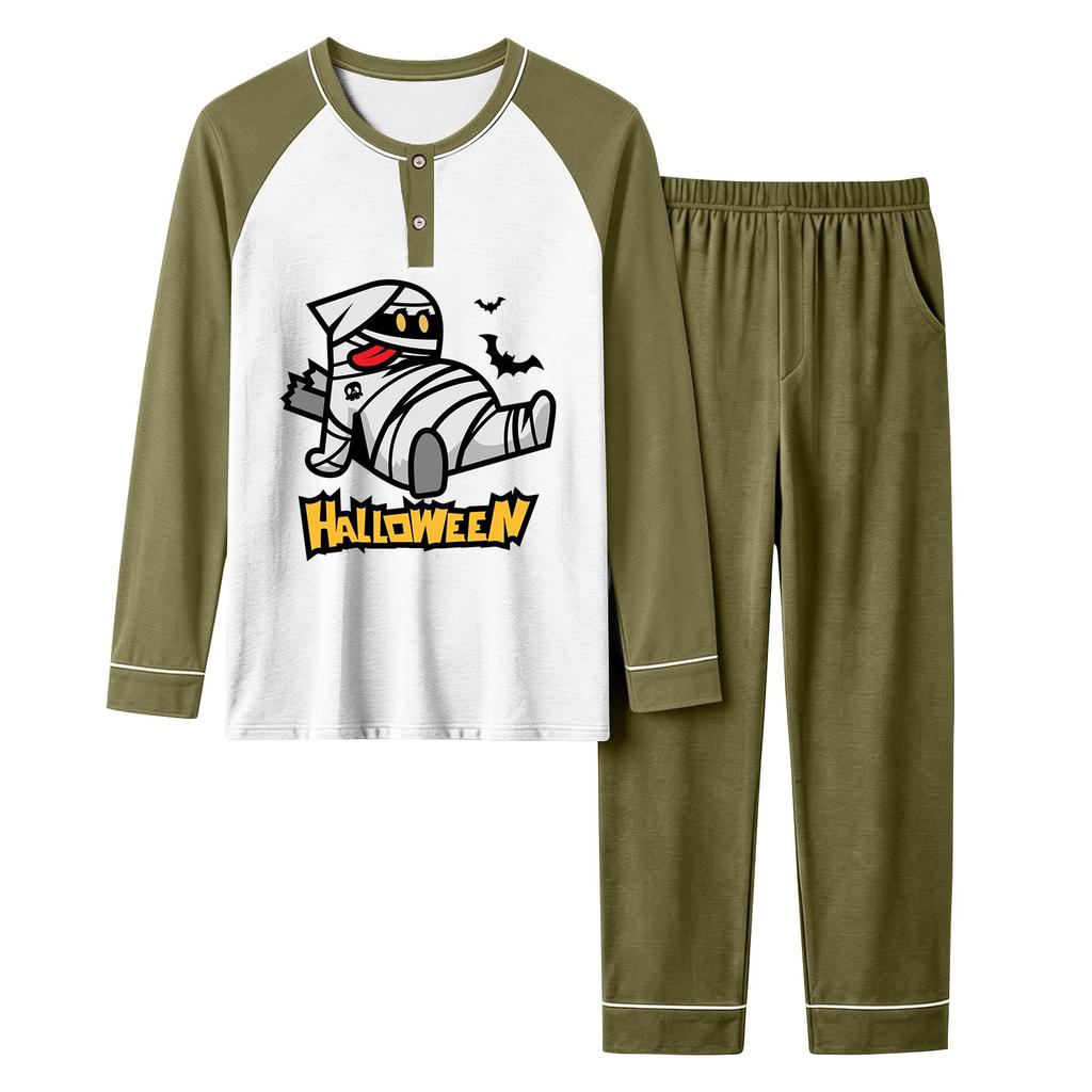 Men's Casual Loose Fit Raglan Sleeve Pajama Set with Halloween Letter Print