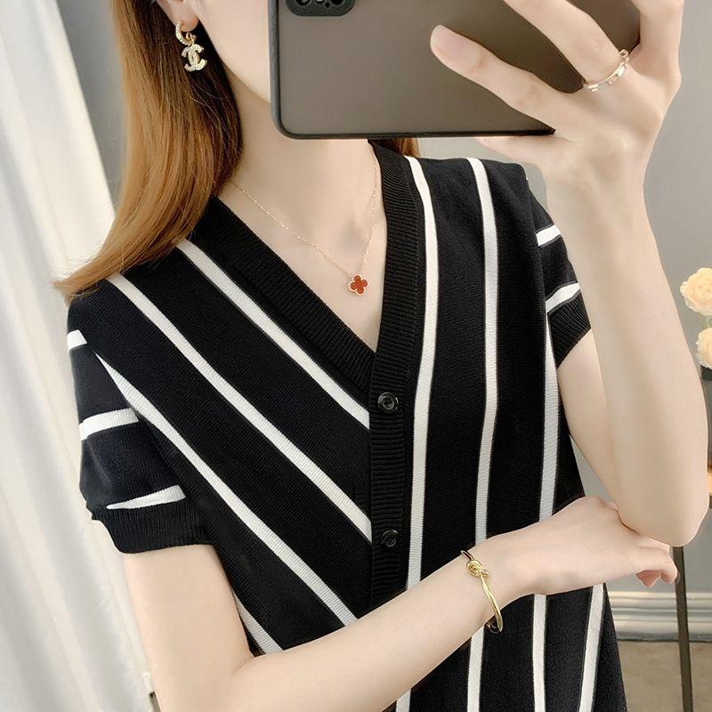 Korean Style Summer V Neck Loose Bat Sleeve Striped Ice Silk T Shirt Women Casual Thin Knit Top
