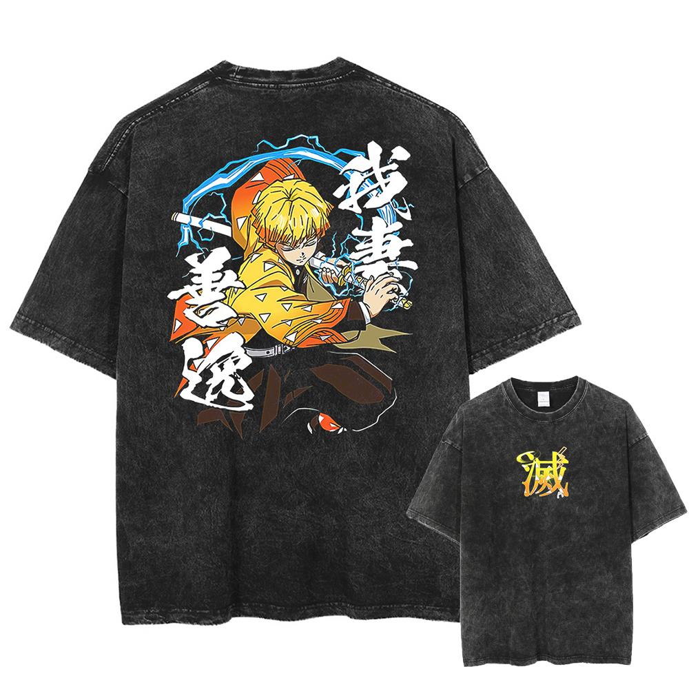 Japan Anime Demon Slayer Agatsuma Zenitsu Print T Shirt Men Washed Cotton T-shirts Manga Casual Tee Harajuku Male Vintage Tshirt