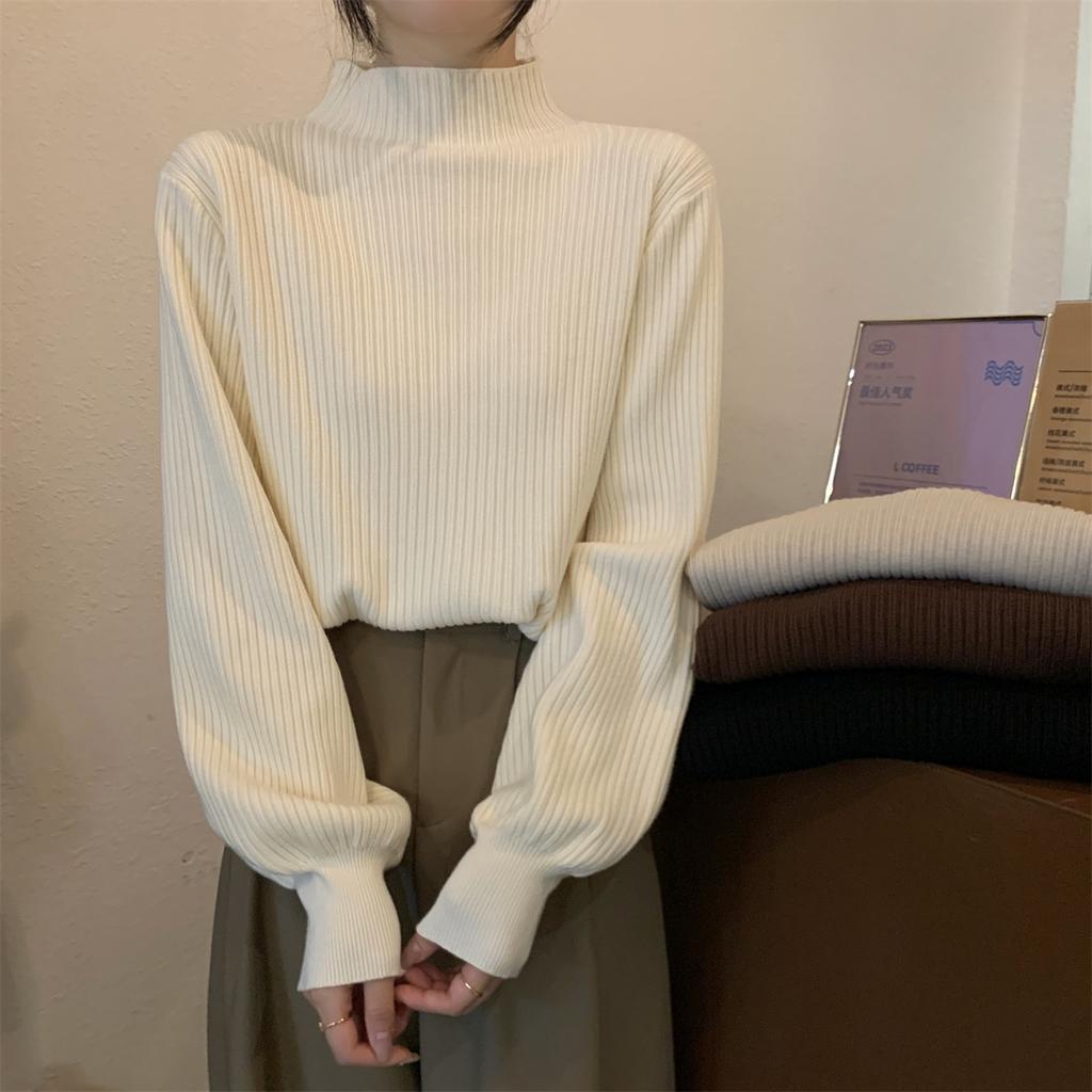 Semi-turtleneck lazy loose bottomed sweater women's autumn and winter interior chic lantern sleeve knitted top