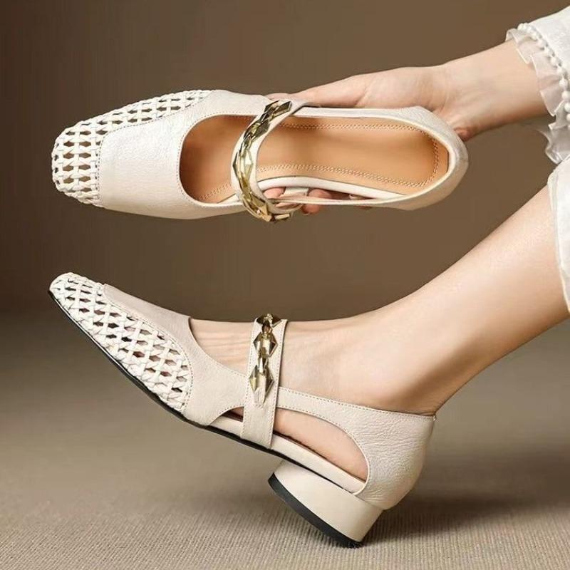 Fashion 2025Net Flat Fashion Sandals New Summer Square Toe Breathable Non-slip Line Button Jane Fishnet Shoes Ladies Shoes