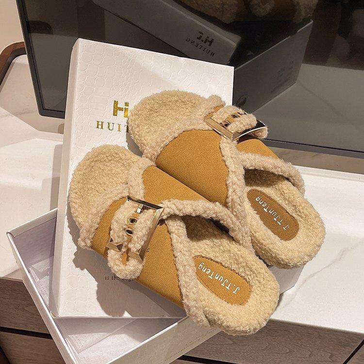 

Retro lamb wool boken shoes 2025 new autumn and winter platform casual fluffy slippers women s cotton shoes 35
