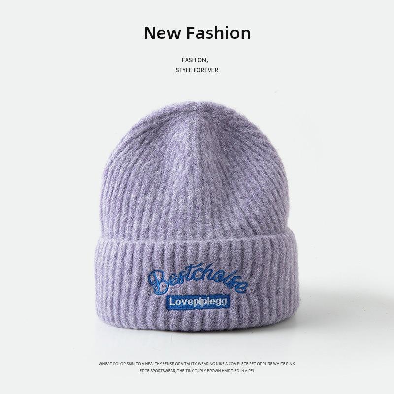 

Autumn and winter warm high elastic knitted hat embroidered hat female big head circumference showing face small casual niche bag head cold hat 55-60cm