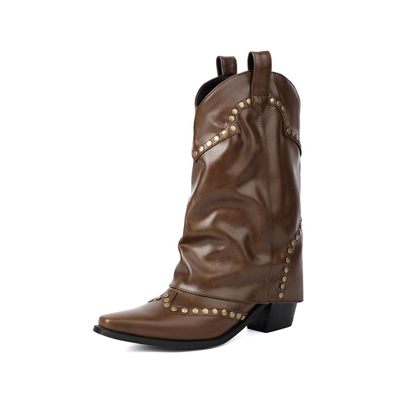 FOREADA Women Mid Calf Cowgirl Boots Round Toe Block High Heels Cowboy Boots Metal Decoration Western Boots Ladies Fashion Shoes Autumn Winter