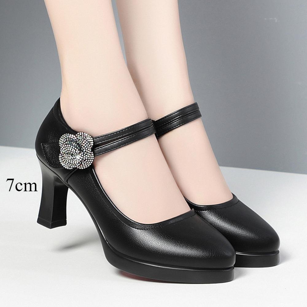 

Женские офисные туфли-лодочки из мягкой кожи с цветком, с острым носком, ремешком с пряжкой, на платформе и высоком каблуке, всесезонные, с мелким вырезом, одинарные EU33/CN34 чёрный