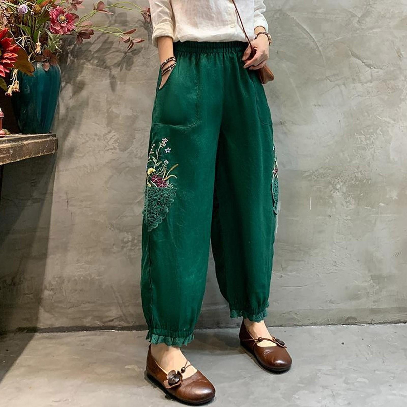 

Жіночі повсякденні штани зручні кишені еластичні дихаючі штани бавовняні льон Harajuku вільні штани корейської моди XXXL