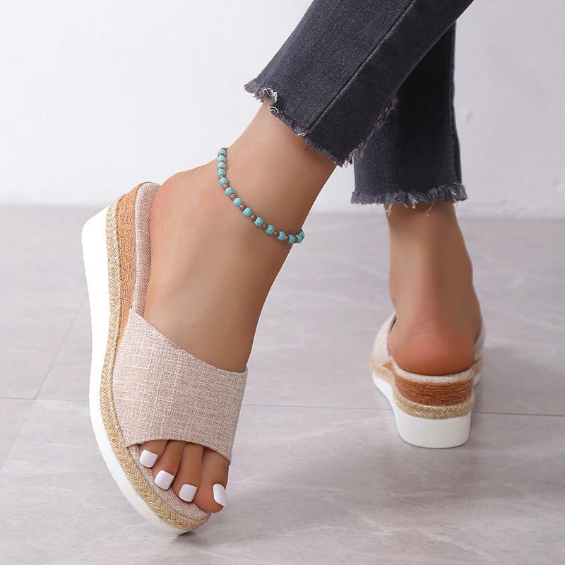 Summer new plaid women's sandals wedge heel 35-42 large size open-toed women's slippers, women's shoes