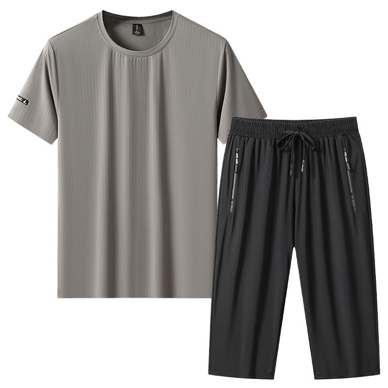 Large Size Sports Suit Men's Short Sleeved Two-piece Set Men's Running and Fitness Clothes Summer Loose Thin Ice Silk Sportswear