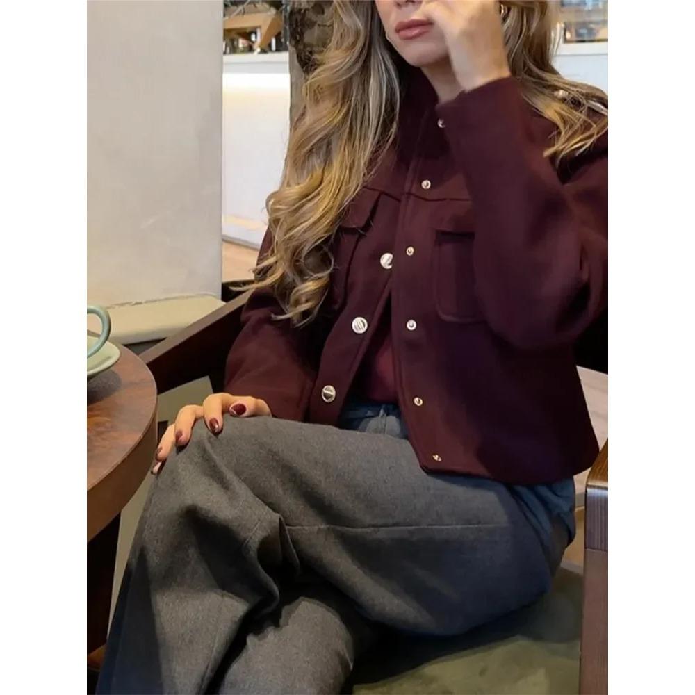 Elegant Women's Burgundy Cropped Jacket Female Stand Collar Single Breasted Full Sleeve Pocket Coat 2024 Autumn Lady Outwear New