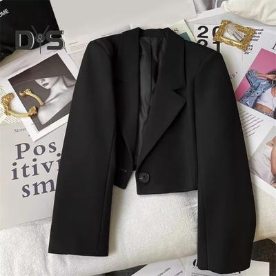 Manteau de costume pour femme, style formel, col rabattu, bouton décoratif, coupe ajustée, court, couleur unie, manches longues, cardigan, fermeture à un seul bouton, OL Commute