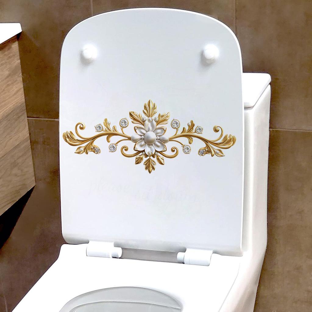 Elegant Golden Floral Embossed Self-Adhesive Wall Sticker for Bathroom Toilet - Matte Finish, Rectangular Shape, Durable Plastic, Easy To Install