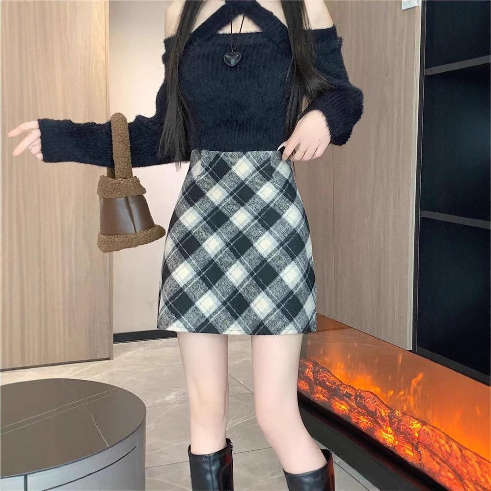 Women's High Waist Plaid Wool Midi Skirt - Autumn/Winter Bodycon Slimming Style