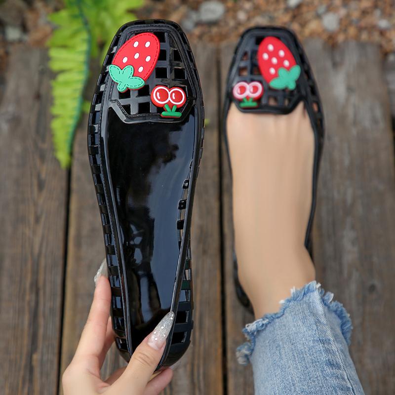 Fashion Cartoon Decor Soft Sole Non Slip Loafers Women Hollow Out Comfort Breathable PVC Flats Woman Summer Light Square Toe Casual Shoe