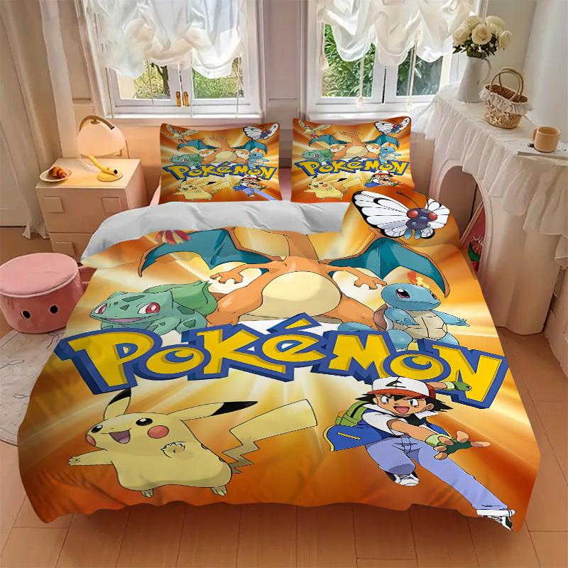 3pc Pokemon Characters Bedding Set Guest Room Bedroom Decor Christmas Halloween Decor Birthday and Holiday Gifts- All Seasons 3pcs Quilt 094