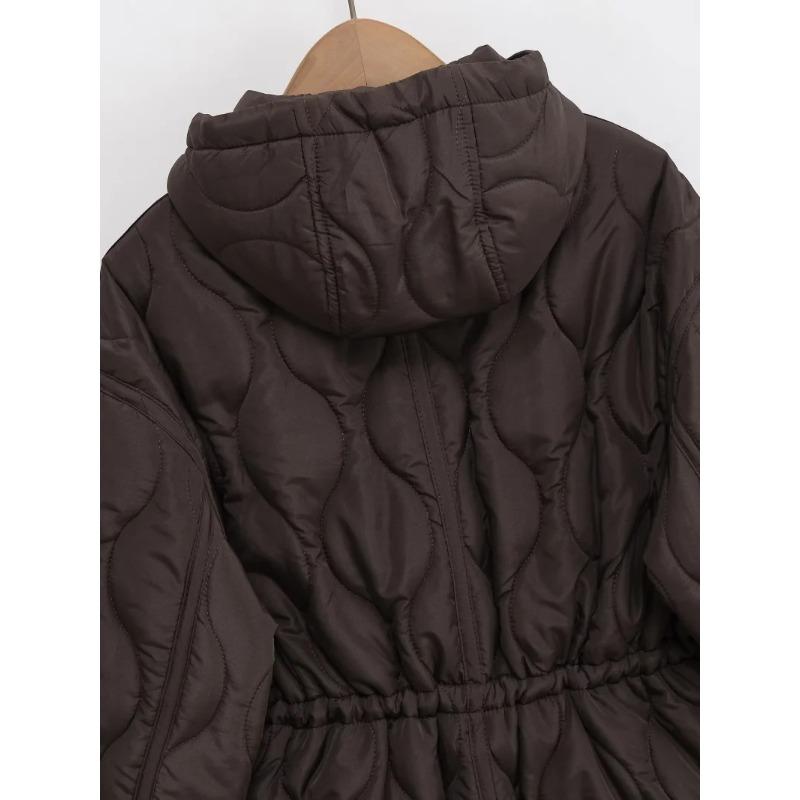 Winter Damesmode Verticale Kraag Strik Capuchon Taille Gevulde Jas Licht Warm Losse Jas
