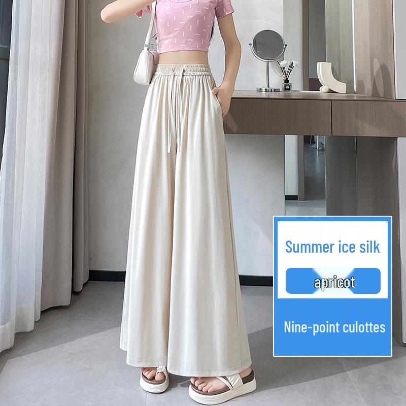 High-Waisted Ice Silk Women's Culottes - Lightweight, Wide-Leg, and Slimming Nine-Point Pants for Summer.
