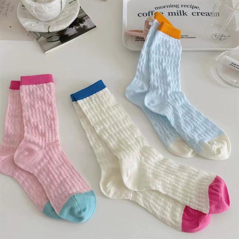 4 Pairs Women Color Blocked Mid Tube Socks Summer Thin Hollow Mesh Breathable Sweet Style Soft Comfortable Casual Socks