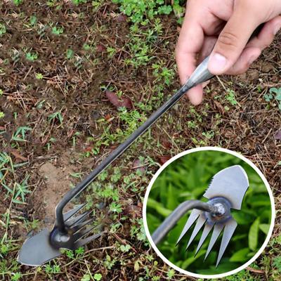 Garden Weed Puller Uprooting Weeding Tool with Long Handle High Strength Polished Surface 5 Sharp Tines Weed Remover Tool