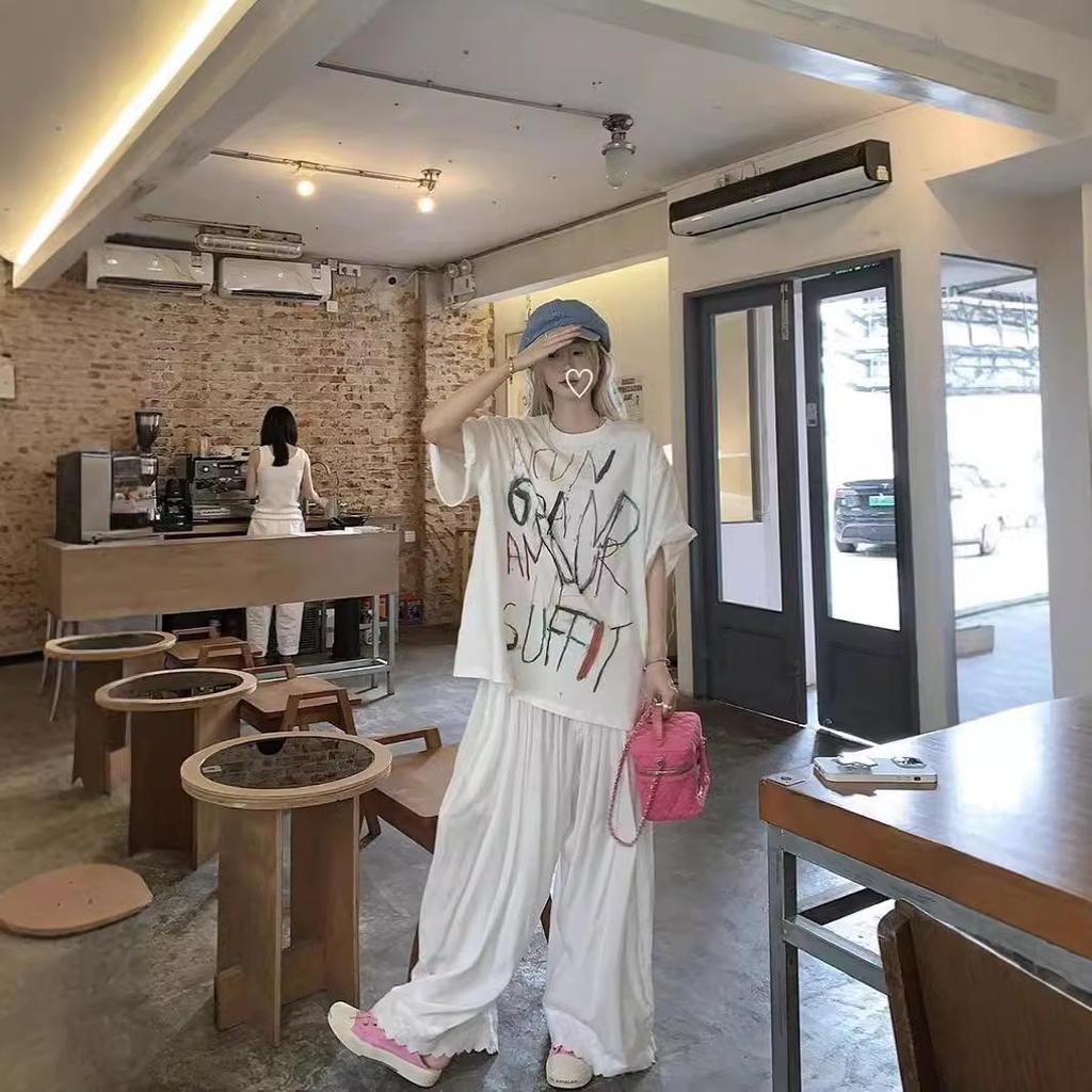 Plus Size Women's Summer Retro Letter Graffiti Short Sleeve Oversized T-Shirt