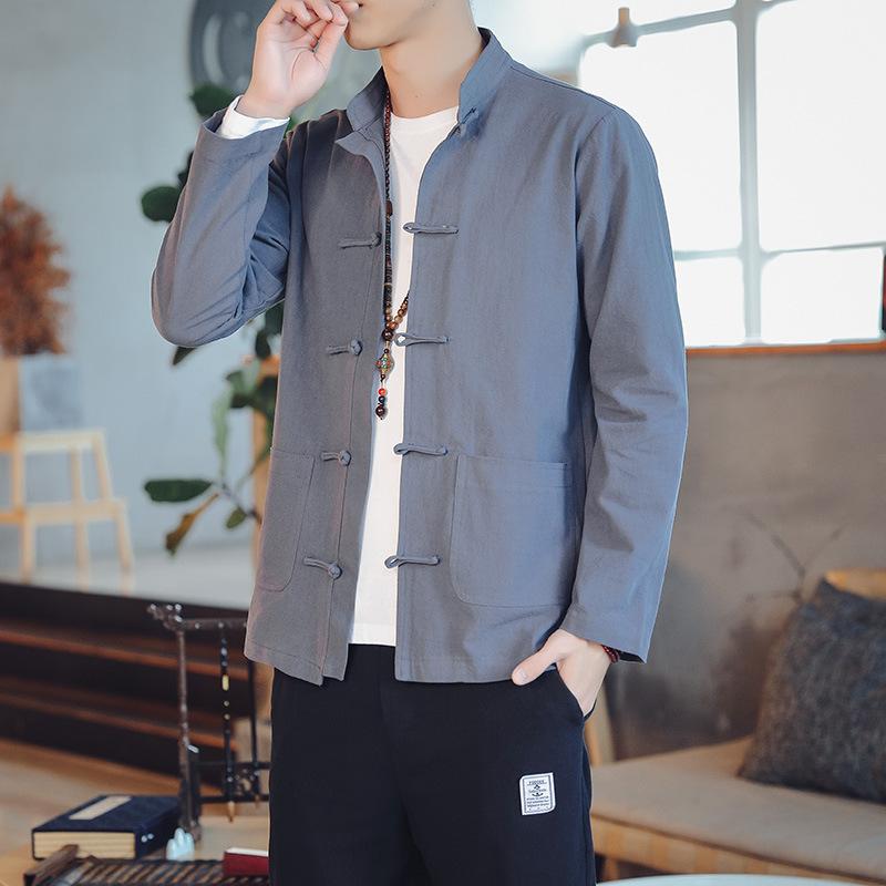 Spring and Autumn Chinese Style Cotton and Linen Retro Buttoned Chinese Long-sleeved Bottoming Shirt Men's Performance Tai Chi Clothing Shirt Jacket