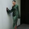 European Beautiful Women Spring New Slant Shoulder Long Sleeve Dress Hip Temperament Split Fork Dress