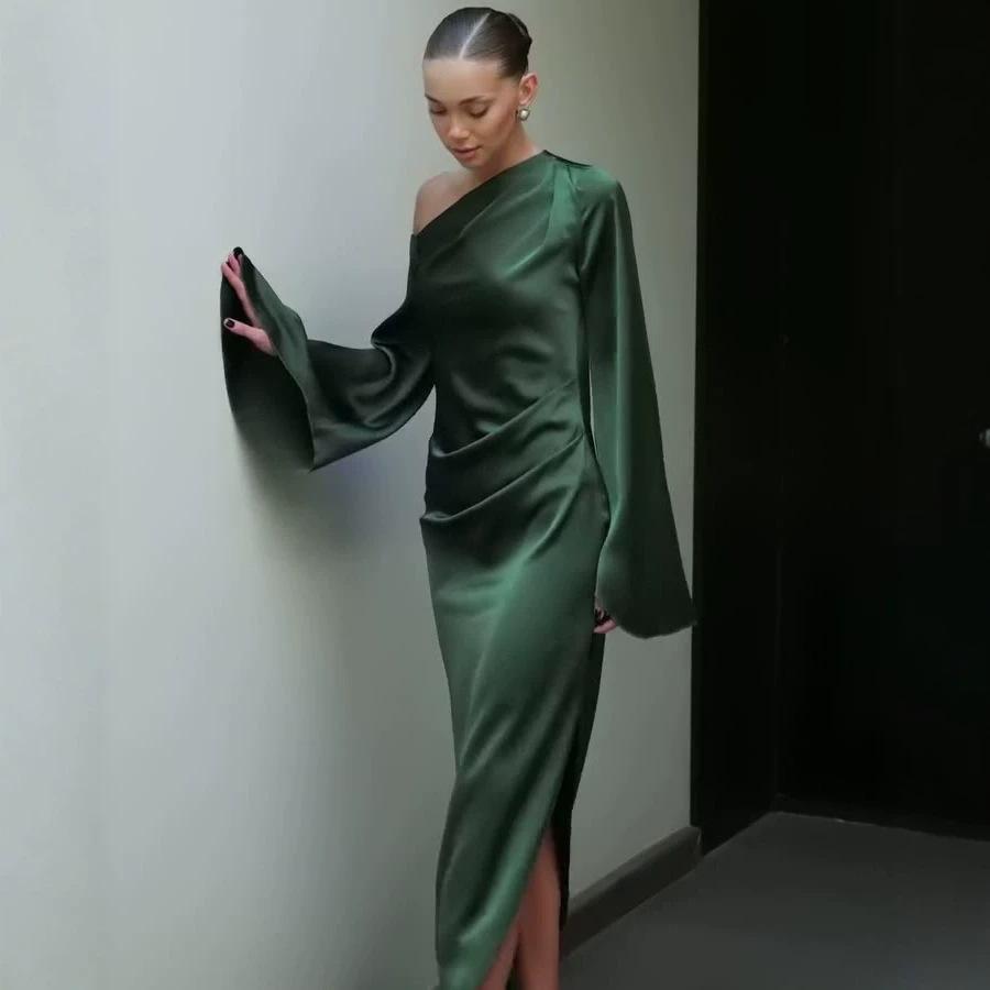European Beautiful Women Spring New Slant Shoulder Long Sleeve Dress Hip Temperament Split Fork Dress