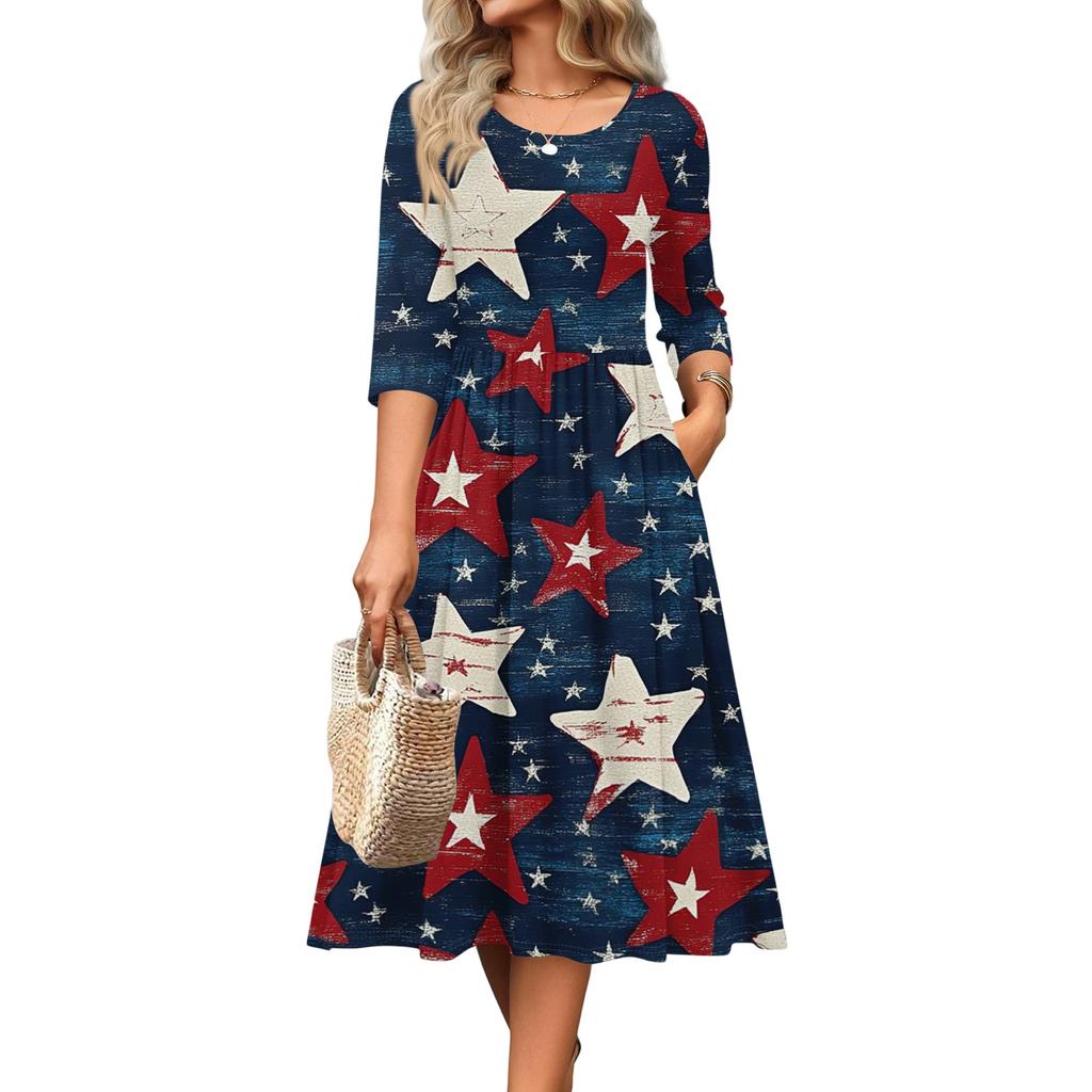 Women's Casual Round Neck Midi Dress Three Quarter Sleeve Waist Cinched Independent Day Style Spring Autumn Dress