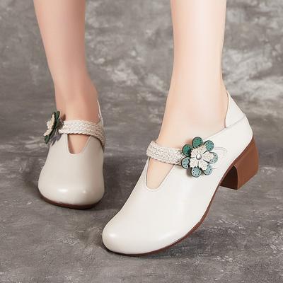 Ethnic Style Thick Heels Soft Soles Pumps Genuine Leather Versatile Women's Heel Shoes