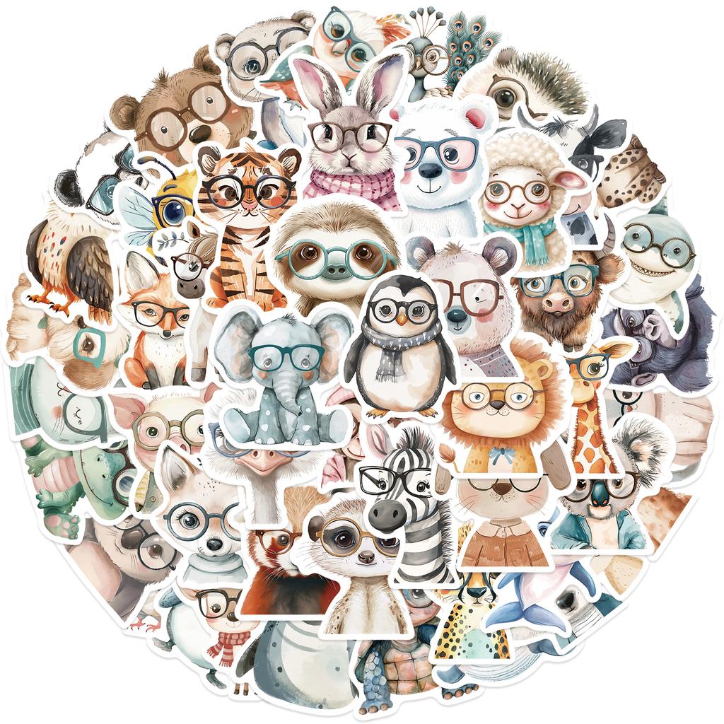 50PCS Animals With Glasses Stickers Aesthetic PVC Children Decoration Sketchbook Scrapbook Sticky Graffiti Cute Sticker For Kids