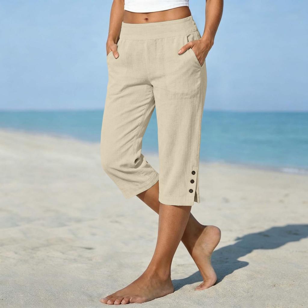Pantaloni da Donna a Gamba Dritta Corti, Vestibilità Larga, in Lino e Cotone, con Tasche Laterali e Fondo Spaccato con Bottone, per Uso Casual