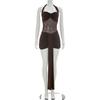 Women Casual Solid Color Mesh Patchwork Twisted Halter Short Bodycon Dress