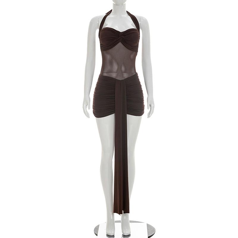 Women Casual Solid Color Mesh Patchwork Twisted Halter Short Bodycon Dress