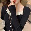 Square Neck Color Matching Bubble Sleeve Pullover Sweater Women's Autumn and Winter Temperament Celebrity Slim-fitting Chic Bottoming Knitted Sweater