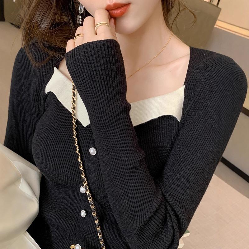 Square Neck Color Matching Bubble Sleeve Pullover Sweater Women's Autumn and Winter Temperament Celebrity Slim-fitting Chic Bottoming Knitted Sweater