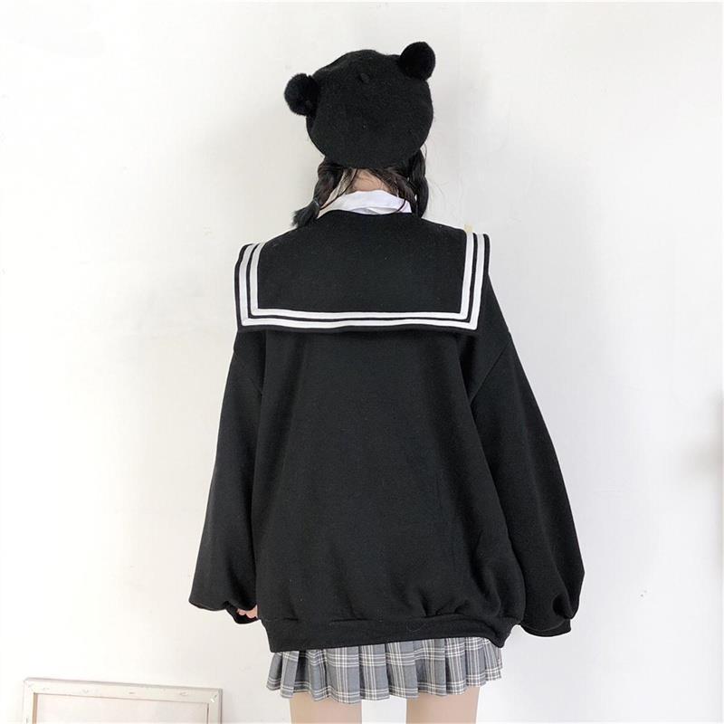 Black Kawaii Zip Up Hoodie Women Sailor Collar Sweatshirt Japanese Streetwear Soft Girl Fashion Oversized Sweatshirt
