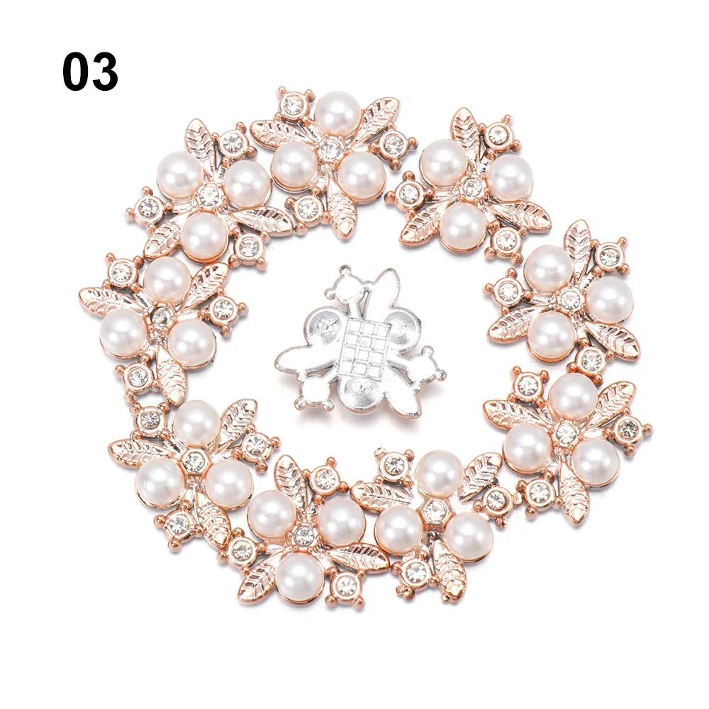 10PCS Flower Rhinestone Pearl Buttons Flatback Plating Hairpin Decoration DIY Craft Apparel Sewing Accessories Flower Buttons