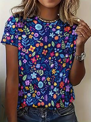 Navy Multi-Color Women's Tee - Vibrant Floral Pattern Graphic, Cheerful Botanical Print Design for Casual Daily Wear