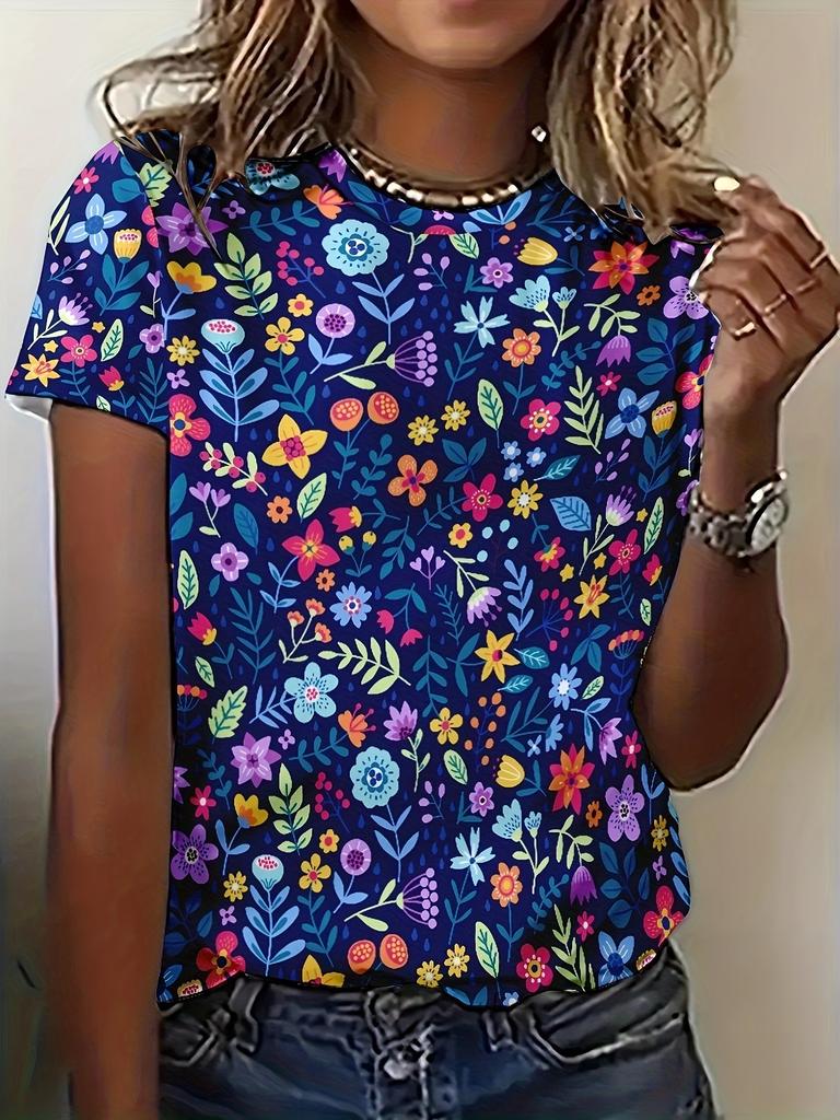 Navy Multi-Color Women's Tee - Vibrant Floral Pattern Graphic, Cheerful Botanical Print Design for Casual Daily Wear